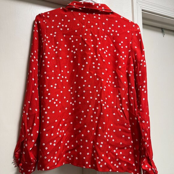 Sézane Red Silk Blouse w/ White Floral Print & Tie Bow | Size 40 (US 8/M) - Picture 8 of 10